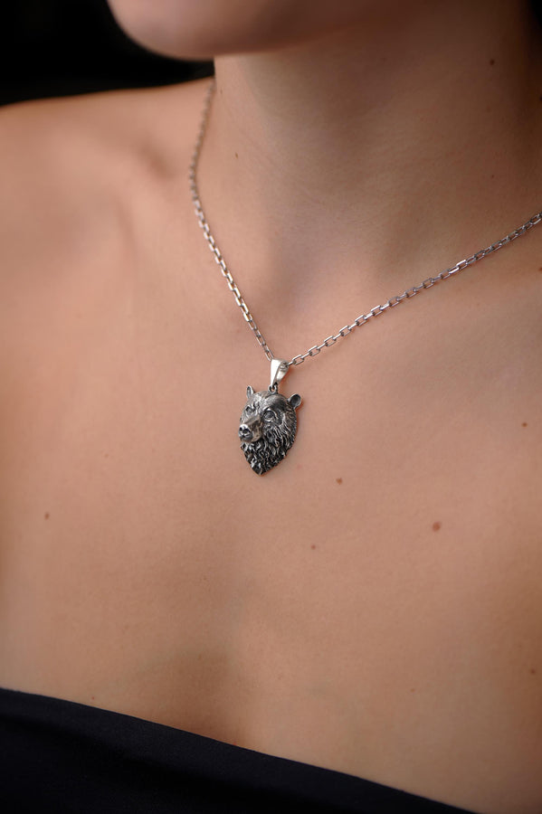 Sterling Silver Bear Skull Pendant Necklace: Gothic Grizzly Jewelry __etsy:7372508550