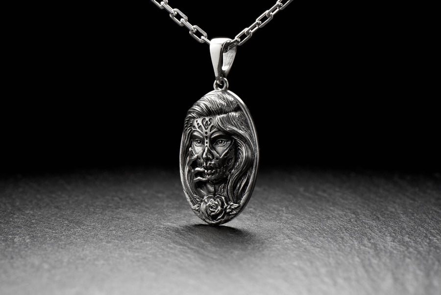 Sterling Silver Calavera Catrina Pendant: Handmade Skull Jewelry