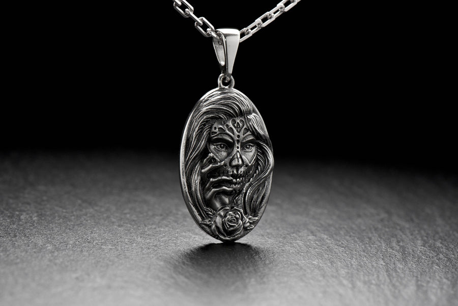 Sterling Silver Calavera Catrina Pendant: Handmade Skull Jewelry