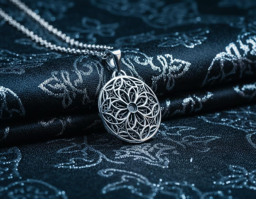A detailed studio shot of a circular sterling silver pendant resting on a dark, textured slate background. The design is a geometric lattice based on the number four (quatrefoil). Four large teardrop-shaped arches meet in the center, subdivided by finer tracery lines. The raised silver network is polished, contrasting with the matte black oxidation in the negative spaces. __etsy:7446488454