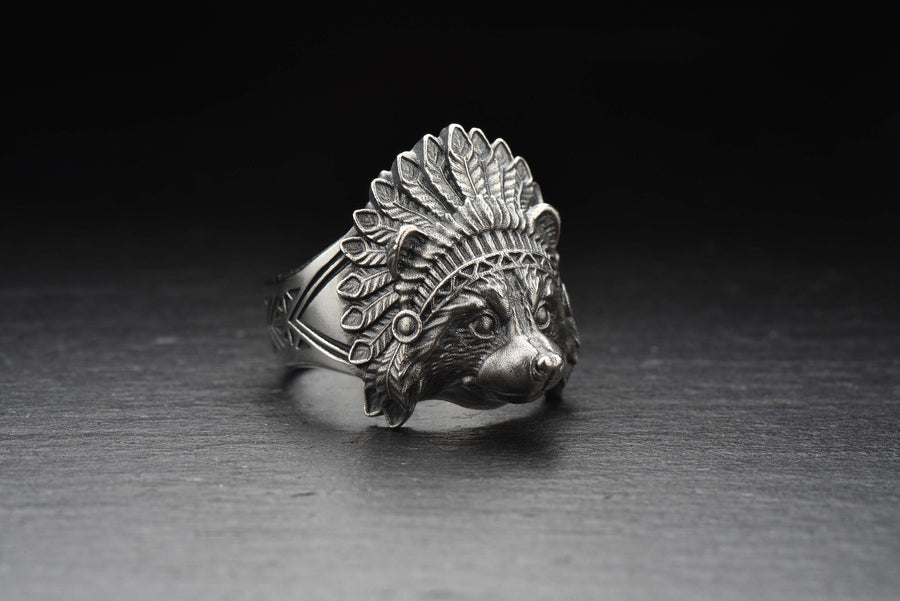 925 Sterling Silver Handmade Raccoon Ring, Chief Feather Headdress Statement Ring, Animal Lover Gift, Wildlife Jewelry, Unisex Silver Ring __etsy:4917957233