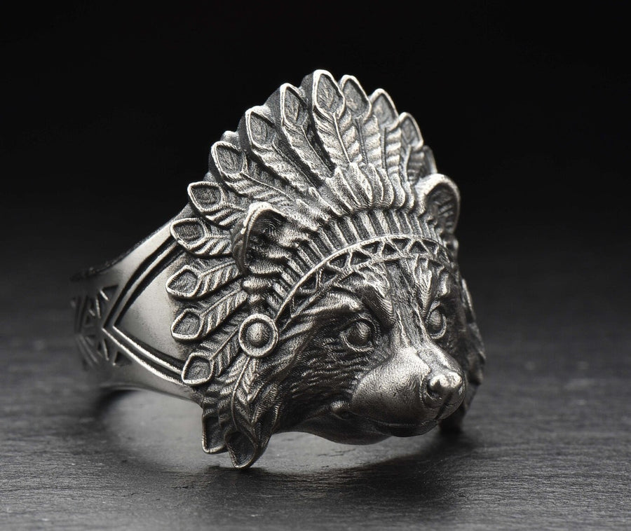 925 Sterling Silver Handmade Raccoon Ring, Chief Feather Headdress Statement Ring, Animal Lover Gift, Wildlife Jewelry, Unisex Silver Ring __etsy:4917957233