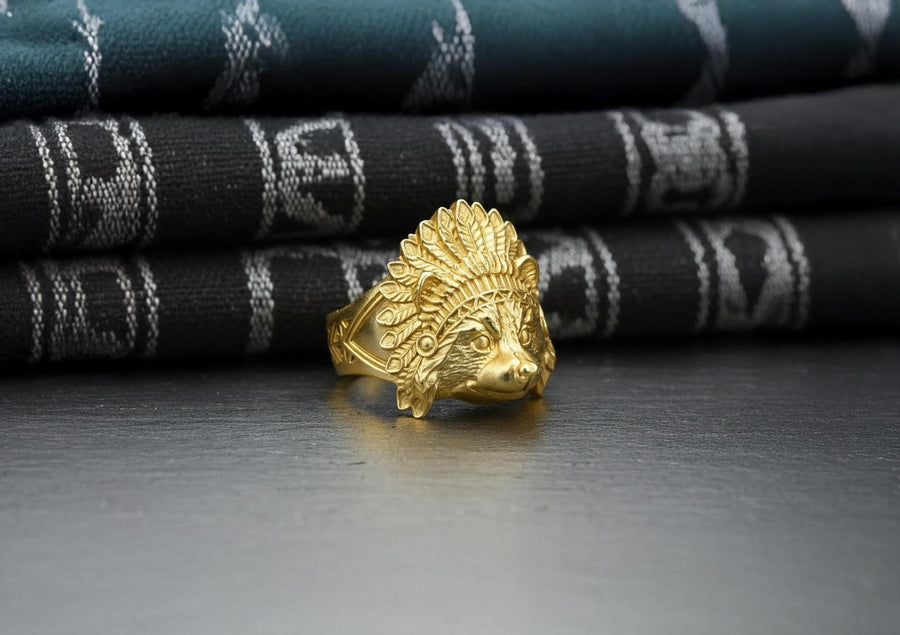 925 Sterling Silver Handmade Raccoon Ring, Chief Feather Headdress Statement Ring, Animal Lover Gift, Wildlife Jewelry, Unisex Silver Ring __etsy:4917957233