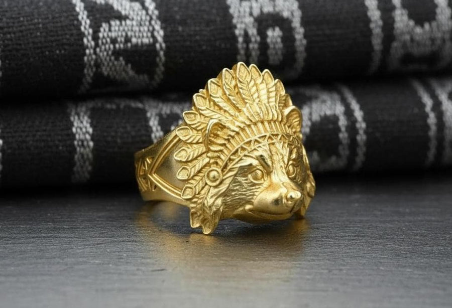 925 Sterling Silver Handmade Raccoon Ring, Chief Feather Headdress Statement Ring, Animal Lover Gift, Wildlife Jewelry, Unisex Silver Ring __etsy:4917957233