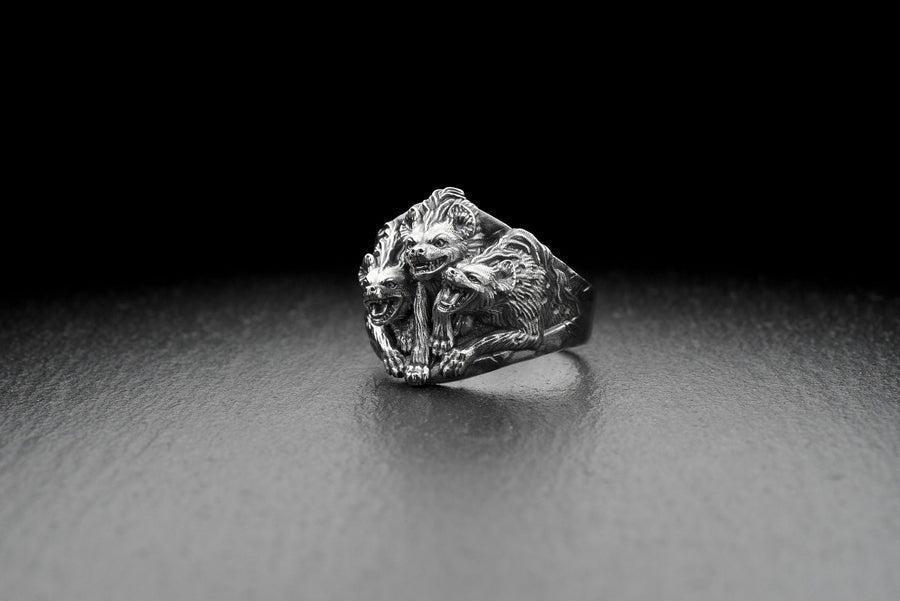 Sterling Silver Hyenas Ring, Animal Ring, Handmade Animal Jewelry, Hyenas Lovers Gift, Savannah Animal Ring, Savannah Lovers Gift