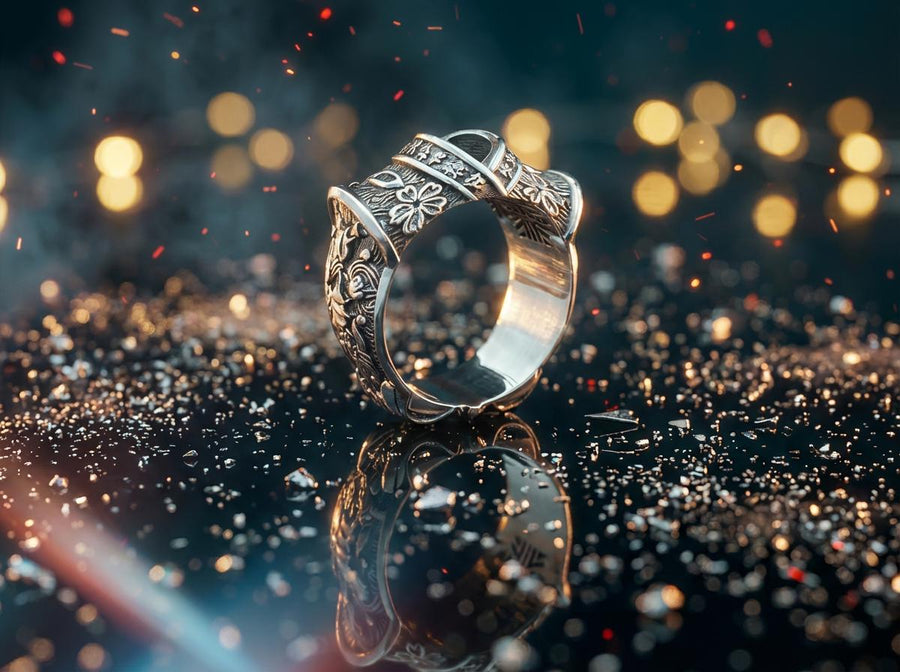 A close-up studio photograph of a wide sterling silver ring designed to look like folded fabric. The overlapping top mimics an Obi, the traditional Japanese kimono sash. The band features highly detailed relief carvings of Sakura (cherry blossoms) and Seigaiha (concentric ocean waves) patterns. A raised ribbon section bears engraved Japanese Kanji script. The silver is heavily oxidized in the recesses to highlight the intricate textures against t (etsy image id: 7831393878)