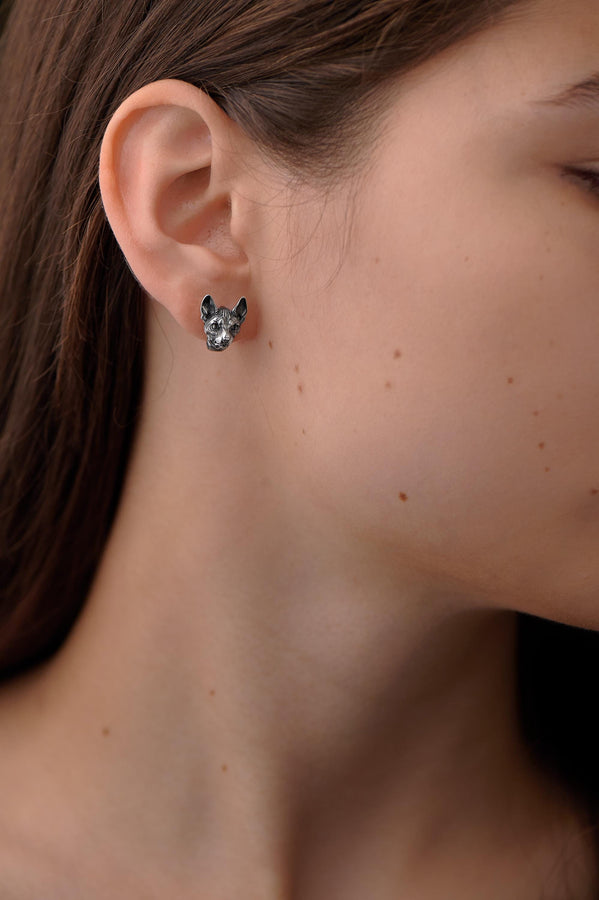 Sterling Silver Sphynx Cat Earrings – Modern Feline Studs __etsy:7412267947