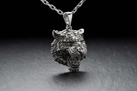 Sterling Silver Tiger Head Pendant: Handmade Animal Totem Necklace __etsy:7400458189
