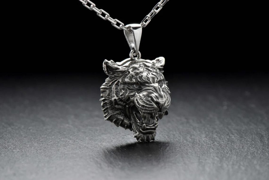 Sterling Silver Tiger Head Pendant: Handmade Animal Totem Necklace __etsy:7400458189