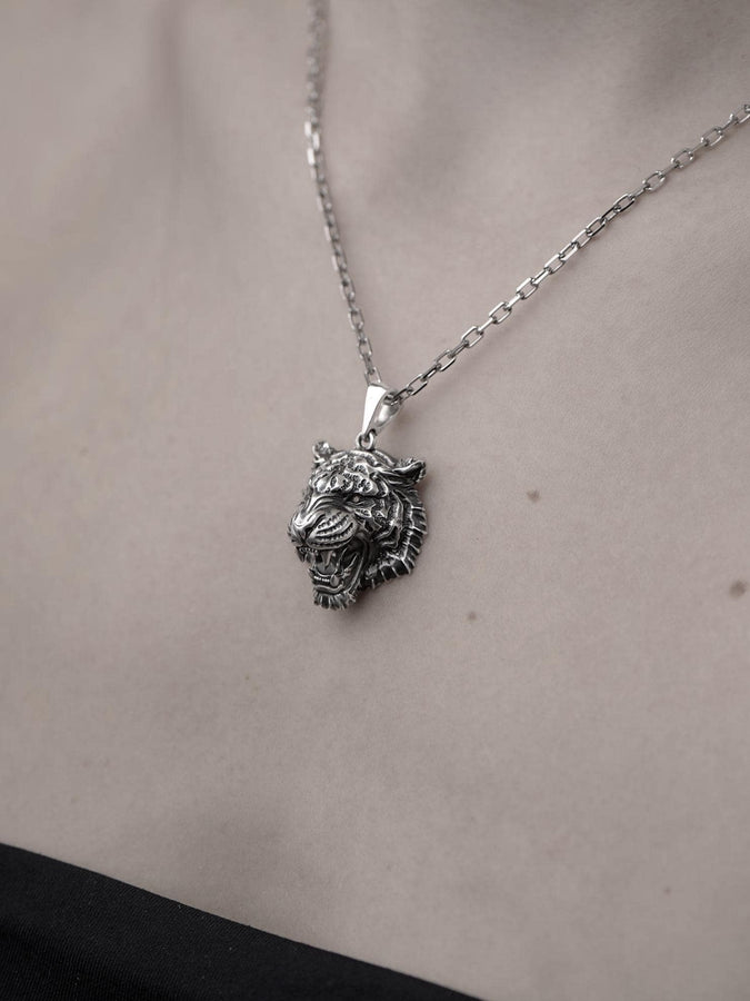 Sterling Silver Tiger Head Pendant: Handmade Animal Totem Necklace __etsy:7400458189