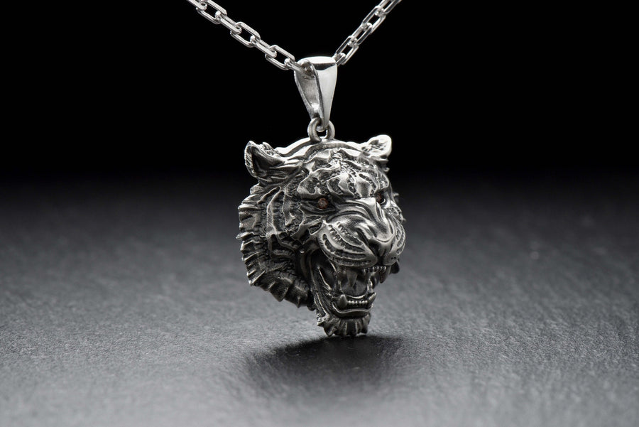 Sterling Silver Tiger Head Pendant: Handmade Animal Totem Necklace __etsy:7400458189