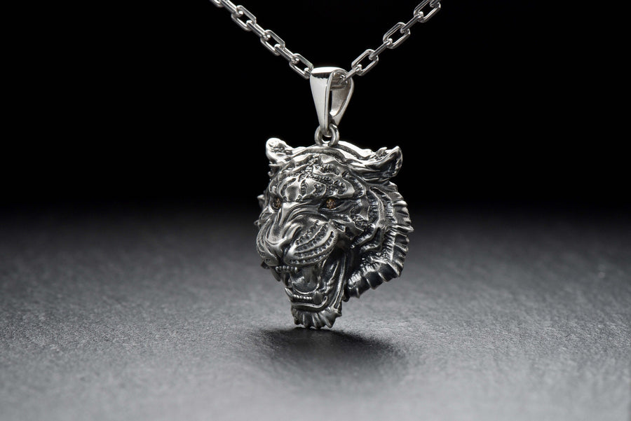 Sterling Silver Tiger Head Pendant: Handmade Animal Totem Necklace __etsy:7400458189
