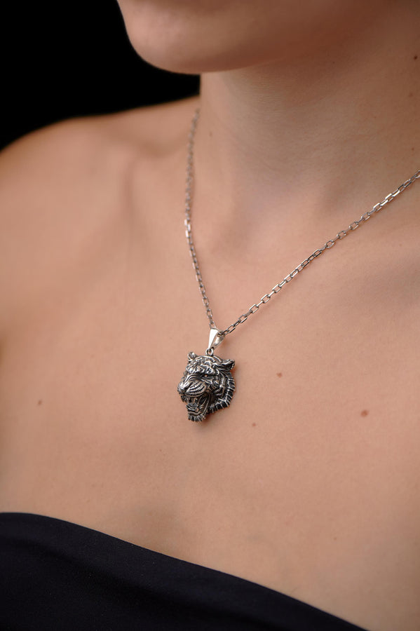 Sterling Silver Tiger Head Pendant: Handmade Animal Totem Necklace __etsy:7400458189