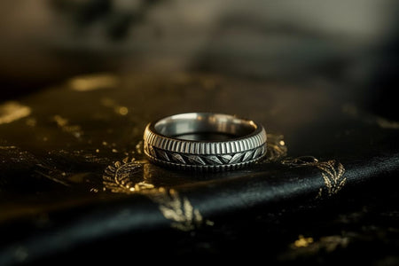 This sterling silver wedding band features intricate Victorian-inspired detailing, including finely engraved laurel leaves that wrap around the entire ring. The ribbed architectural edges create depth and texture, giving the piece an antique character reminiscent of handcrafted heirloom jewelry. Ideal for men or women who appreciate historic design and meaningful symbolism in their wedding band. __etsy:7473345891