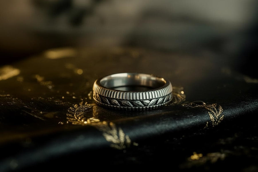 This sterling silver wedding band features intricate Victorian-inspired detailing, including finely engraved laurel leaves that wrap around the entire ring. The ribbed architectural edges create depth and texture, giving the piece an antique character reminiscent of handcrafted heirloom jewelry. Ideal for men or women who appreciate historic design and meaningful symbolism in their wedding band. __etsy:7473345891