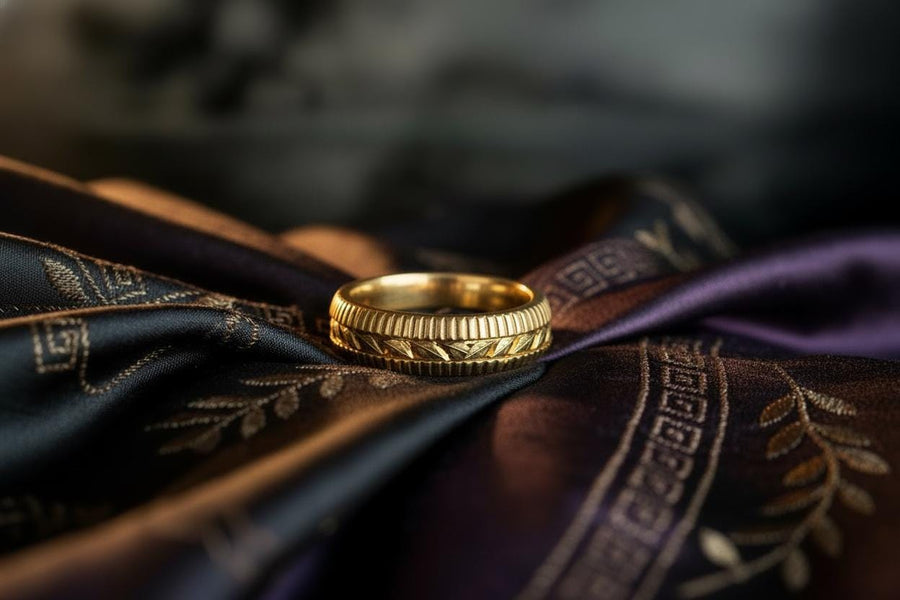 This sterling silver wedding band features intricate Victorian-inspired detailing, including finely engraved laurel leaves that wrap around the entire ring. The ribbed architectural edges create depth and texture, giving the piece an antique character reminiscent of handcrafted heirloom jewelry. Ideal for men or women who appreciate historic design and meaningful symbolism in their wedding band. __etsy:7473345891