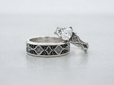 Gothic Wedding Ring Set, Oxidized Silver Bridal Rings, Medieval Tracery Engagement Band, Dark Romance Couples Jewelry