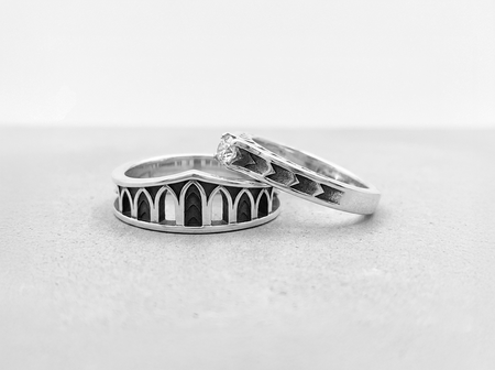 Gothic Cathedral Wedding Ring Set: Sterling Silver Rose Window Rings