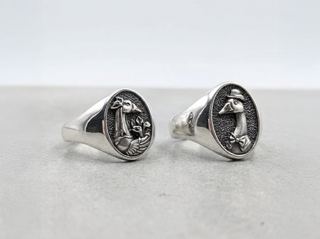 Sterling Silver Goose Wedding Ring Set: Vintage Animal Couple Jewelry