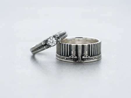 Sterling Silver Art Deco Column Wedding Ring Set, Architectural Greek Inspired Bands