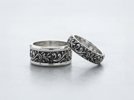 Sterling Silver Gothic Vine Wedding Band Set, Oxidized Nature Inspired Rings