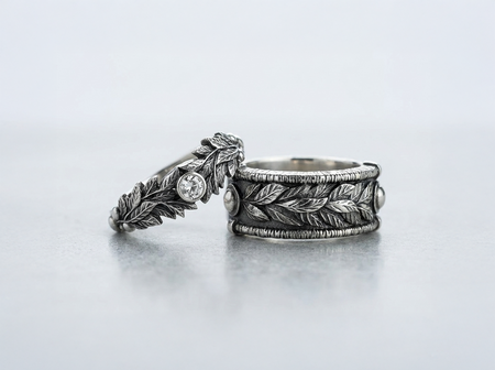 Gothic Leaf Sterling Silver Wedding Ring Set: Gemstone His & Hers Bands