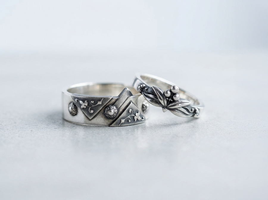 Sterling Silver Gothic Wedding Ring Set: Floral Medieval Jewelry