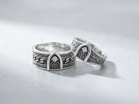 Gothic Cathedral Sterling Silver Wedding Rings, Red Garnet Bridal Bands, Lancet Arch Chevron Ring