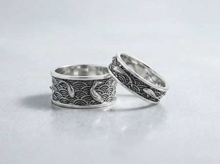 Oxidized Silver Koi Fish Wedding Bands, Japanese Wave Art Nouveau Ring Set