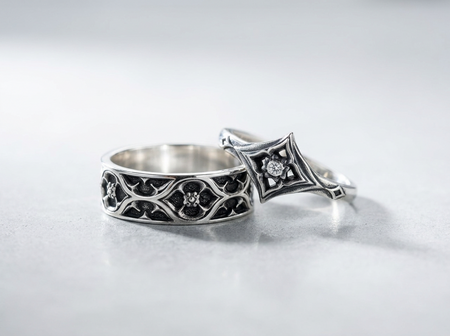 Gothic Sterling Silver Wedding Ring Set: Floral Gemstone Rosettes