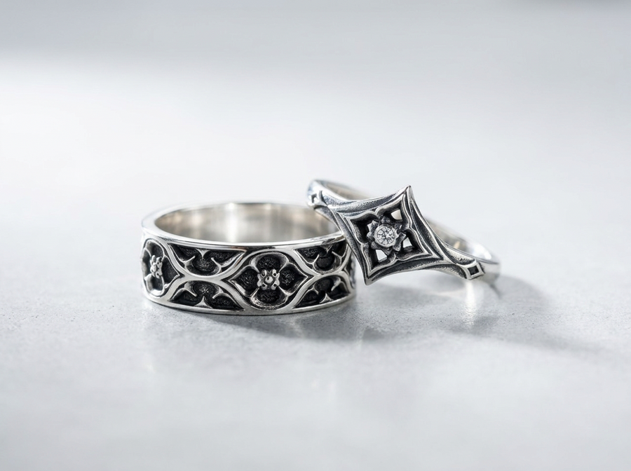 Gothic Sterling Silver Wedding Ring Set: Floral Gemstone Rosettes
