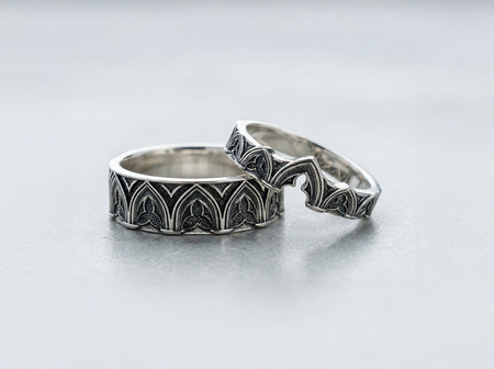 Gothic Sterling Silver Wedding Ring Set: Cathedral Jewelry
