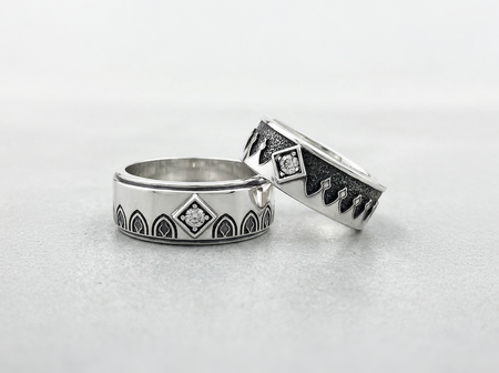 Gothic Arch Wedding Ring Set | Sterling Silver White Gemstone Bands