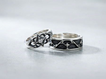 Gothic Sterling Silver Wedding Ring Set “Sanctum”: Celestial Star Gemstone Jewelry