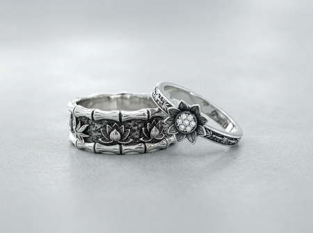 Bamboo Lotus Wedding Ring Set, Oxidized Silver Botanical Bridal Rings, Blue Stone Lotus Engagement Band, Nature Couples Jewelry
