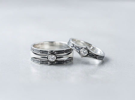 Oxidized Sterling Silver Spear Wedding Ring Set, White Gemstone