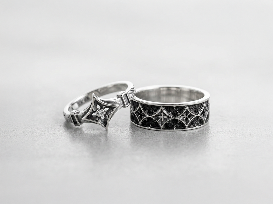Gothic Sterling Silver Wedding Ring Set: Medieval Cathedral Jewelry