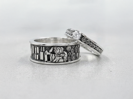 Klimt Kiss Sterling Silver Wedding Ring Set: Art Nouveau Gemstone Bands
