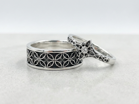 Sterling Silver Gothic Wedding Ring Set: Cathedral Rosette Crown