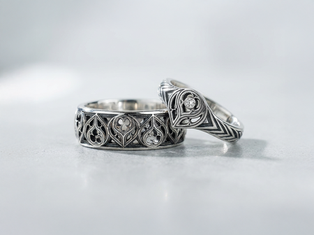 Gothic Flame Wedding Ring Set: Sterling Silver Black Gemstone Crown