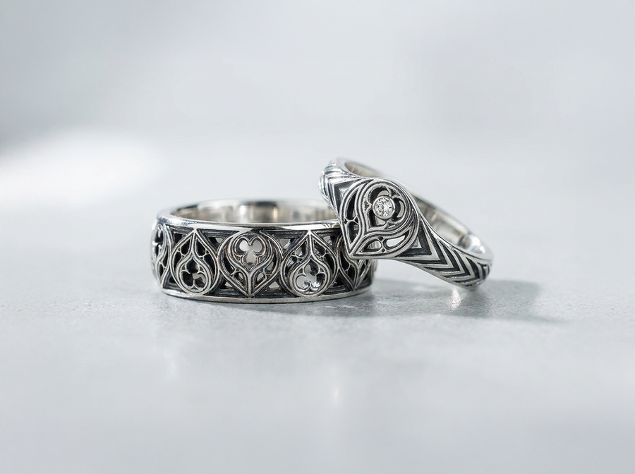 Gothic Flame Wedding Ring Set: Sterling Silver Black Gemstone Crown