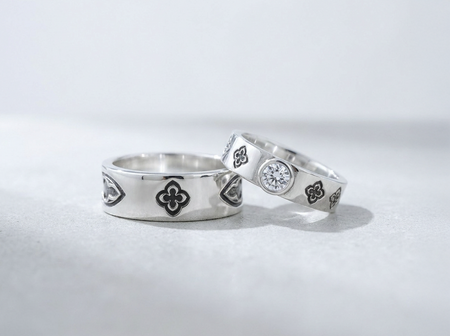 Oxidized Silver Quatrefoil Wedding Bands, Gothic Cathedral Ring Set