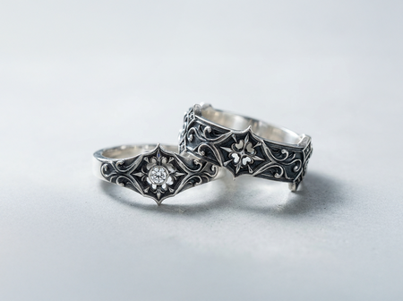 Gothic Sterling Silver Wedding Ring Set: Ornate Medieval Bands