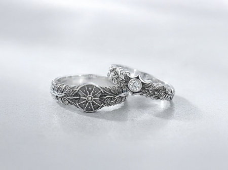 Sterling Silver Sunburst Leaf Wedding Ring Set, Vintage Style Bridal Bands