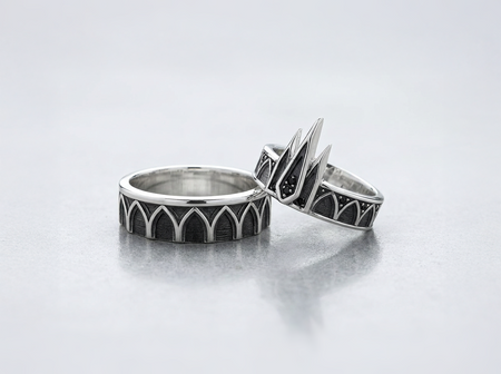 Gothic Cathedral Sterling Silver Wedding Ring Set, Black Gemstone Bridal Bands