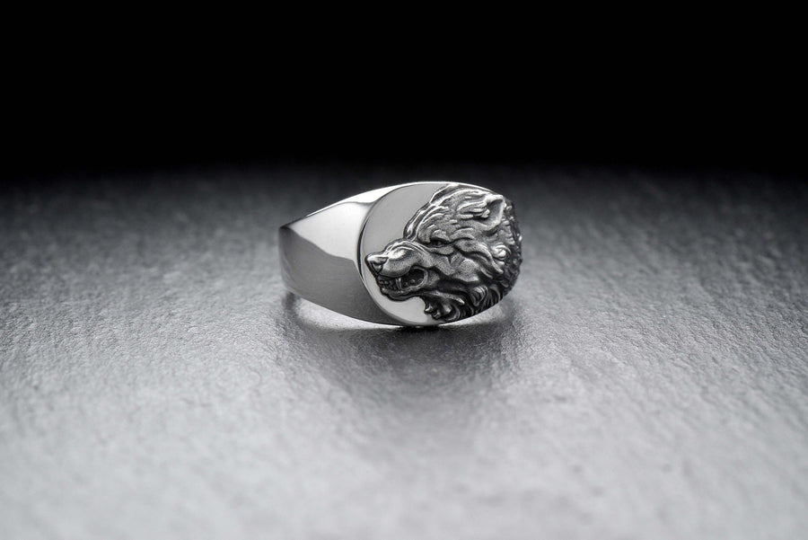 Signet ring	men's jewelry	silver signet ring	animal signet ring	signet silver ring	men ring	men jewelry	wolf signet ring	wolf's head ring	werewolf silver ring	angry wolf jewelry	angry wolf ring	wolf souvenir (etsy image id: 4099508069)