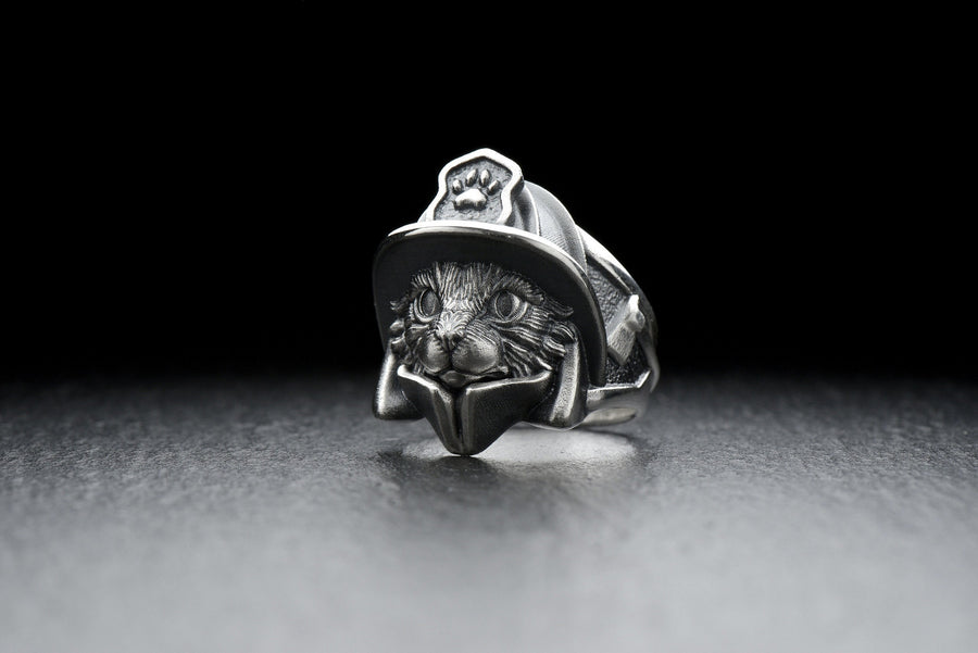 Firefighter Cat Silver Ring - Sterling Silver Hero Cat Ring, Unique Fireman Jewelry Gift for Him or Her