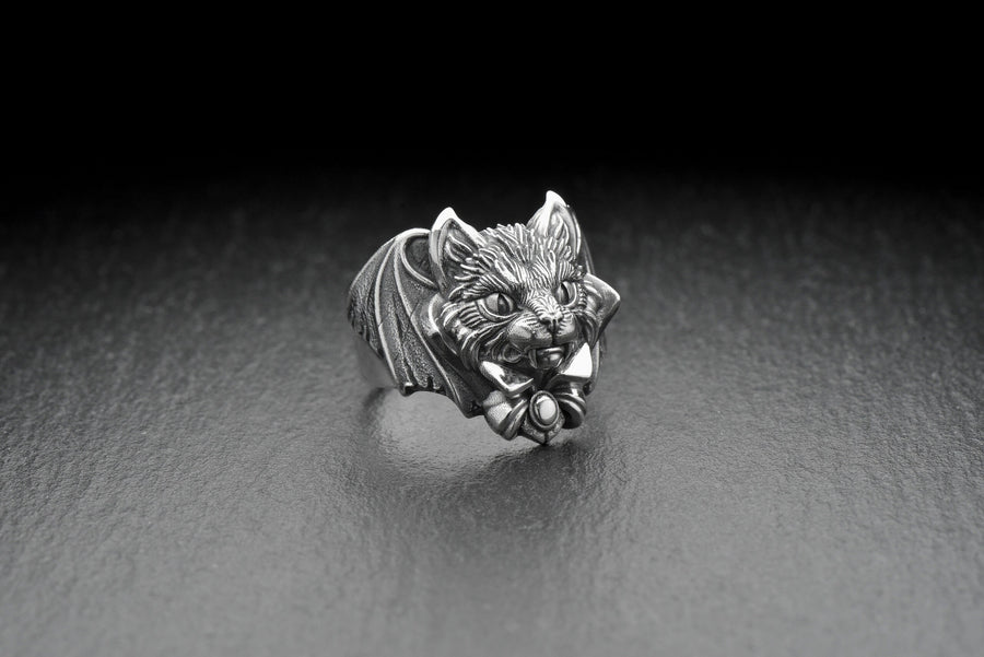 Sterling Silver Vampire Cat Ring: Handmade Animal Jewelry