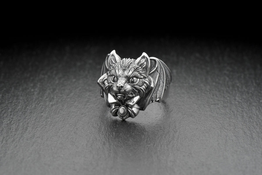 Sterling Silver Vampire Cat Ring: Handmade Animal Jewelry