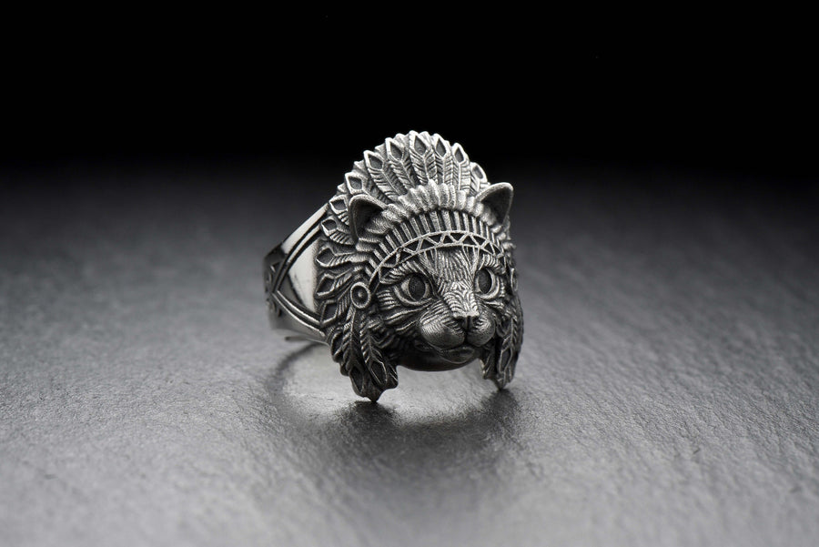 Sterling Silver Cat Ring – Boho Tribal Chief Headdress Jewelry